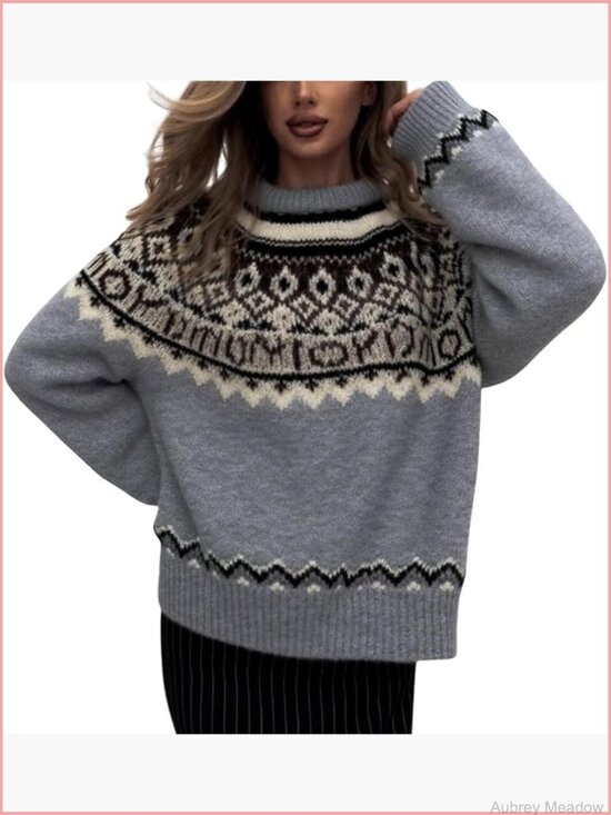 Sweaters - Warm Bohemian Fair Isle Knit Sweater with Crewneck and Dropped Shoulders